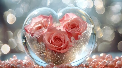 Beautiful pink roses in the shape of a heart inside a clear glass bubble, with a sparkling glitter and beaded background.