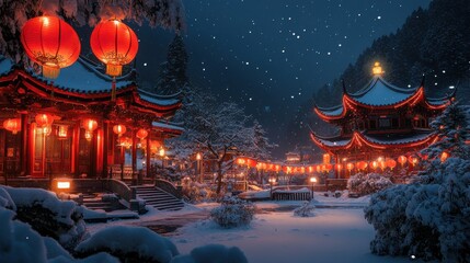 Lantern-lit snowy temple grounds under starlight