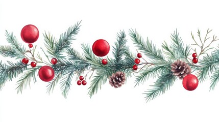 christmas branches border with christmas decorations on white background