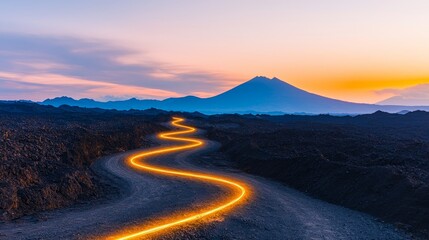 fiber optic installation concept. Winding path through volcanic terrain at sunset with a mountain backdrop.
