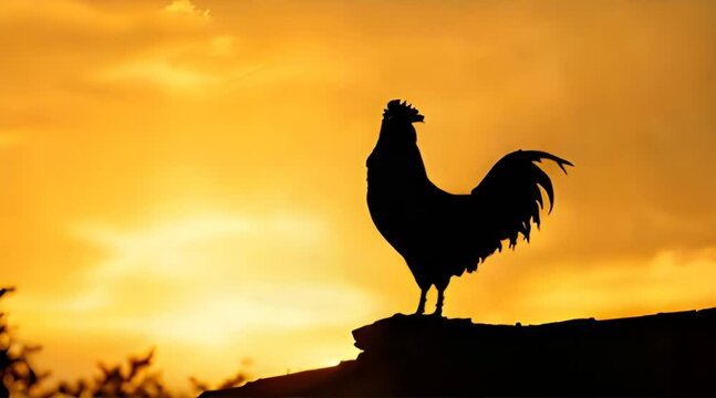 Silhouette of a rooster standing on a rooftop during a golden sunrise, symbolizing morning, nature, and rural life.