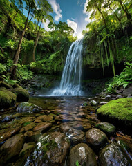 A stunning fisheye perspective of a majestic waterfall