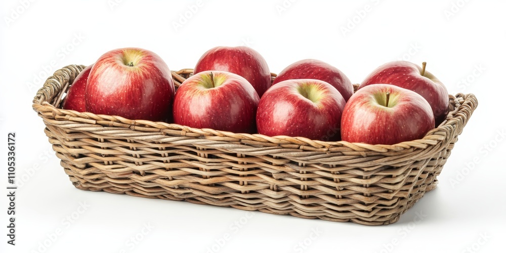 Poster fresh red apples displayed in a wicker basket, elegantly isolated against a clean white background, 