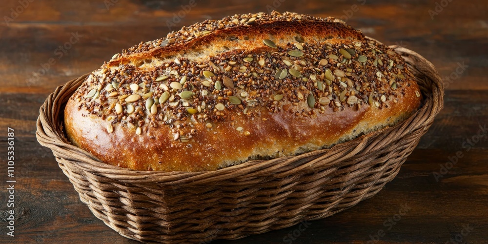 Aufkleber Seed and nut crusted bread loaf displayed in a basket, showcasing the delicious combination of seeds and nuts that create a unique texture and flavor in this bread loaf.
