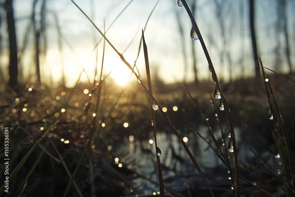 Poster A close-up of dew-covered grass blades at dawn with a bokeh effect highlighting the shimmering droplets