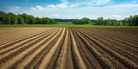 Plowed agricultural field prepared for grain sowing, showcasing a well structured plowed field during the summer season, ideal for showcasing agricultural practices and processes.