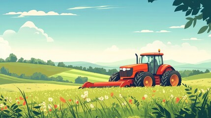 Tractor mowing green farmland in a pastoral spring landscape