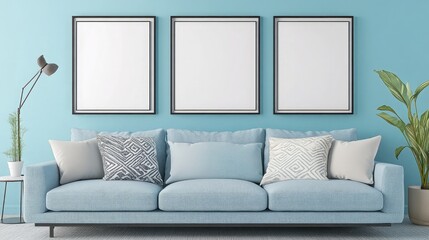 Trio of frames on a bright wall in a chic living room with light blue and gray tones