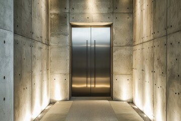 Obraz premium A minimalist entrance with a metal door, concrete walls, and soft lighting effects.