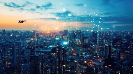 Obraz premium Urban innovation with drone flying over cityscape