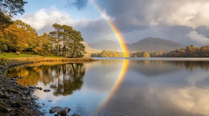 Vibrant rainbow over a calm lake, symbolizing optimism