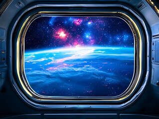A spacecraft window reveals a stunning view of Earth and vibrant galaxies, highlighting the beauty and mystery of the universe.