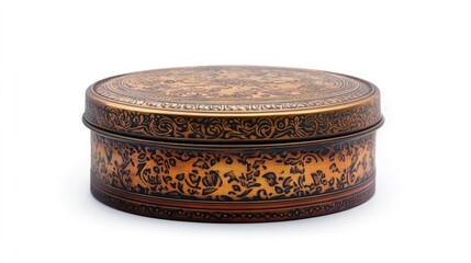 Vintage metal cookie tin with ornate patterns isolated on white background