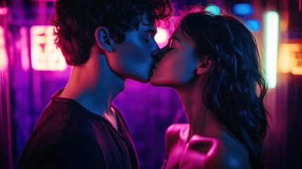 Young couple passionately kiss in dark room lit by neon lights. Passionate lovers embrace. Neon illumination creates dramatic effect on faces, clothing. Romantic moment in club bar. Emotional image