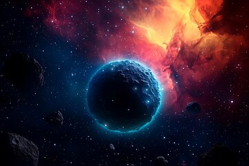 Obraz premium A vibrant cosmic scene featuring a glowing planet surrounded by colorful nebulae and asteroids in the vastness of space.