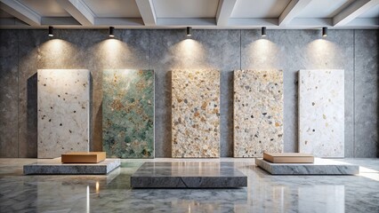 Modern Interior Design Featuring Five Unique Stone Panels and Polished Stone Platforms