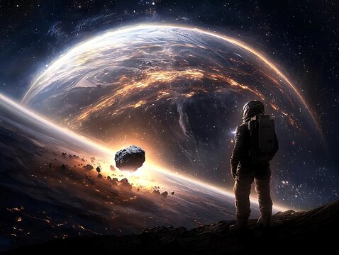 An astronaut gazes at a majestic Earth, surrounded by cosmic beauty, with planets and asteroids in a vast, starry universe.