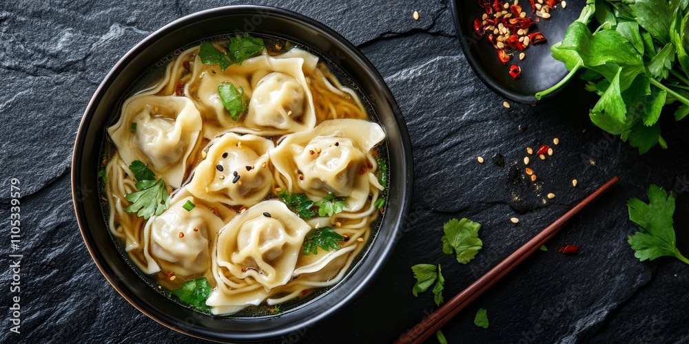 Poster bowl of noodle soup featuring wontons, displayed in a flatlay on a black stone backdrop, vertical co