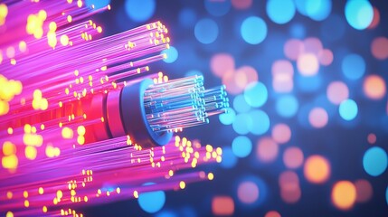 fiber optic installation concept. Colorful fiber optic cables with glowing lights against a bokeh background.