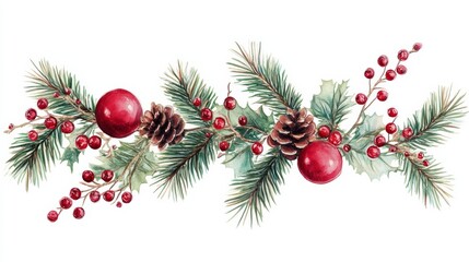 christmas branches border with christmas decorations on white background