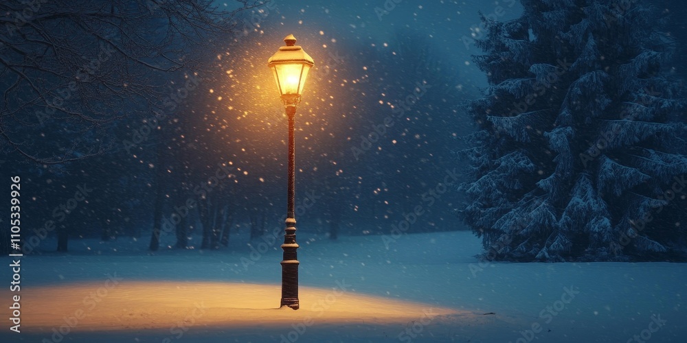 Poster illuminated lamppost shining brightly amidst a winter landscape, creating a warm glow in the chilly 