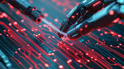 fiber optic installation concept. Robotic hands connecting on a digital circuit in a futuristic setting.
