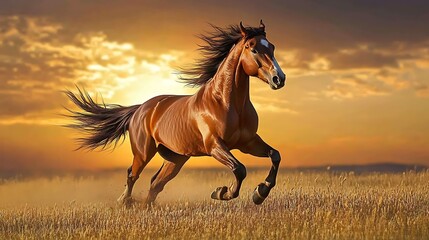 A majestic horse galloping through a field during a vibrant sunset.