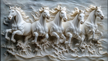 3D relief of beautiful white horses running in the sea, waves as background and beautiful water ripples in foreground.