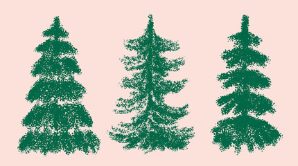 Set of grunge brush drawing of Christmas tree. Green beautiful doodle spruce, ink paint. Hand drawn Christmas tree Ink abstract vector line. Vector illustration isolated on a white background.