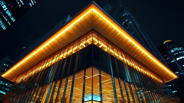 Modern architecture illuminated at night in a bustling city landscape