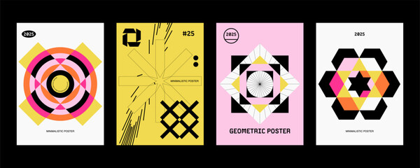Set modernism art colorful trendy poster, artwork minimalistic and rave postmodern composition, vector simple shapes print graphic in Y2K aesthetics.