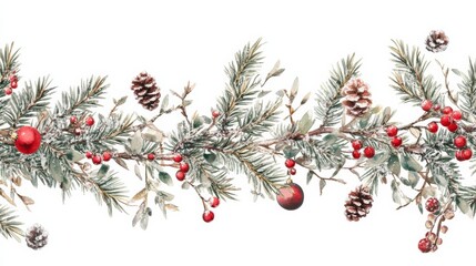 christmas branches border with christmas decorations on white background