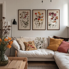 Pressed Flower Frame Displayed in a Cozy Living Room with Modern Decor