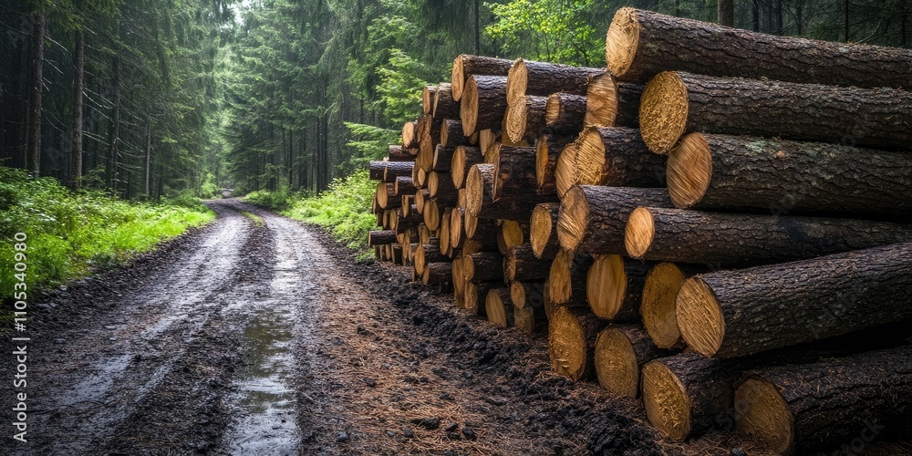 Poster freshly cut pine wood logs stacked along a forest path, showcasing an abundant collection of pine wo