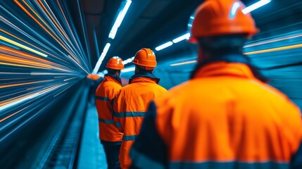 fiber optic installation concept. Three workers in safety gear walk through a tunnel with colorful light trails.