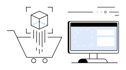 Shopping cart receiving products, computer screen displaying online store. Ideal for e-commerce platforms, online shopping tutorials, digital marketing, website design, retail business strategies