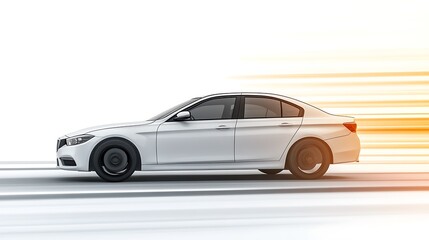Obraz premium A blank sedan car with matte paint, captured mid-action with tires slightly turned, white background with a subtle gradient effect, dynamic and commanding