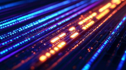 Obraz premium Fiber optic installation concept. Vibrant lines of blue and orange light create a dynamic digital background.