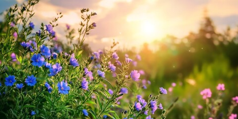 Obraz premium The beauty of blue purple flowers in bloom captivates with their vibrant colors, enhancing the serene green nature surrounding them under an open sky and shining sun. Blue purple flowers brighten the
