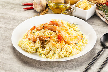 Italian pasta Orzo with prawn