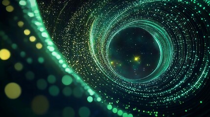 A mesmerizing tunnel of glowing particles spiraling outward, creating a sense of depth and motion in vibrant green hues.