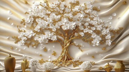 Golden tree with white flowers decorates beige wall. Floral design looks like 3D wall mural. Gold branches, white flowers create luxurious look. Gold vases, white floral bouquets displayed on wall.