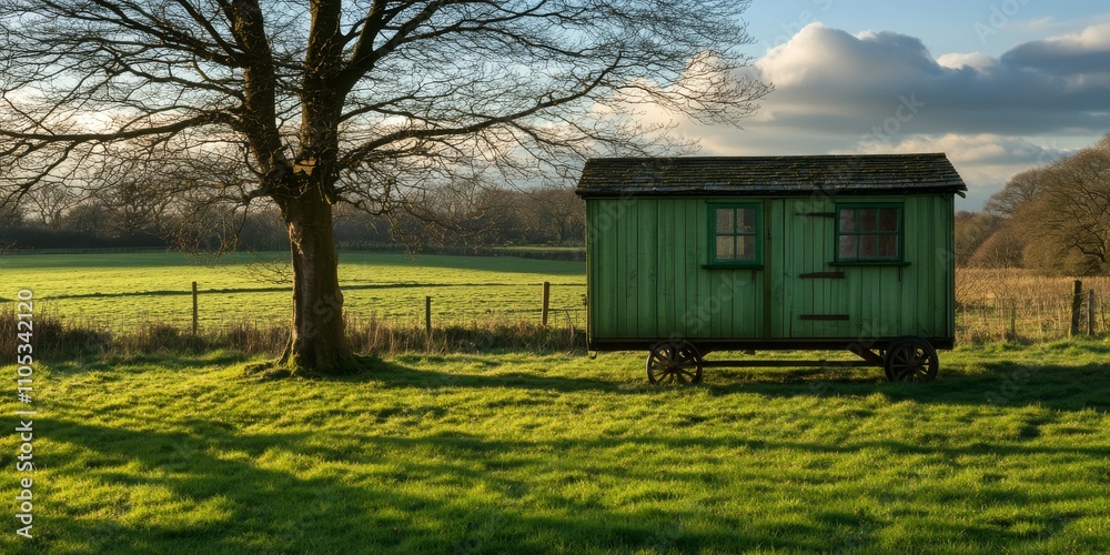 Poster shadows cast by the spring sunshine on a shepherd s hut create a serene ambiance, highlighting the b