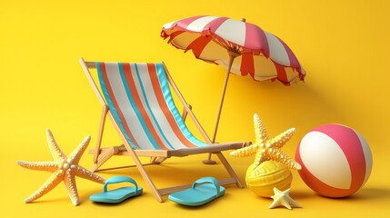 Beach chair, beach umbrella, beach ball, starfish and flip-flops on yellow background