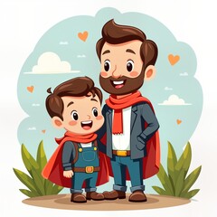 Fototapeta premium Cute cartoon father, son enjoy special event. Dad superhero dad, son brave sidekick. Stand together. Dad holding child shoulder. Both figures wear red capes. Father playing with son. Illustration for