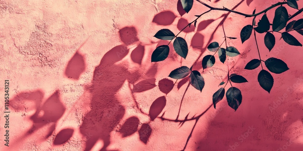 Poster shadows of rose leaves create an intriguing pattern on a textured pink concrete wall, showcasing the