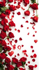 A lot of red roses on a white background, with rose petals scattered around them and red ribbons