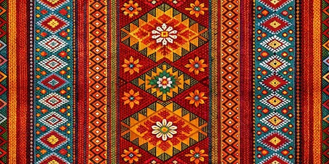 Vibrant Textile Design Featuring Intricate Geometric and Floral Patterns in a Rich Color Palette