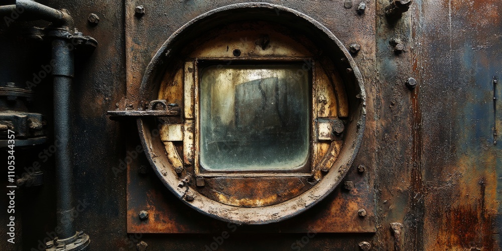 Poster window overlooking an antique furnace, showcasing the intricate details of the old furnace design. t