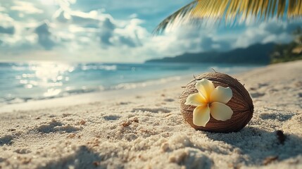 Obraz premium coconut juice and flower in seashore